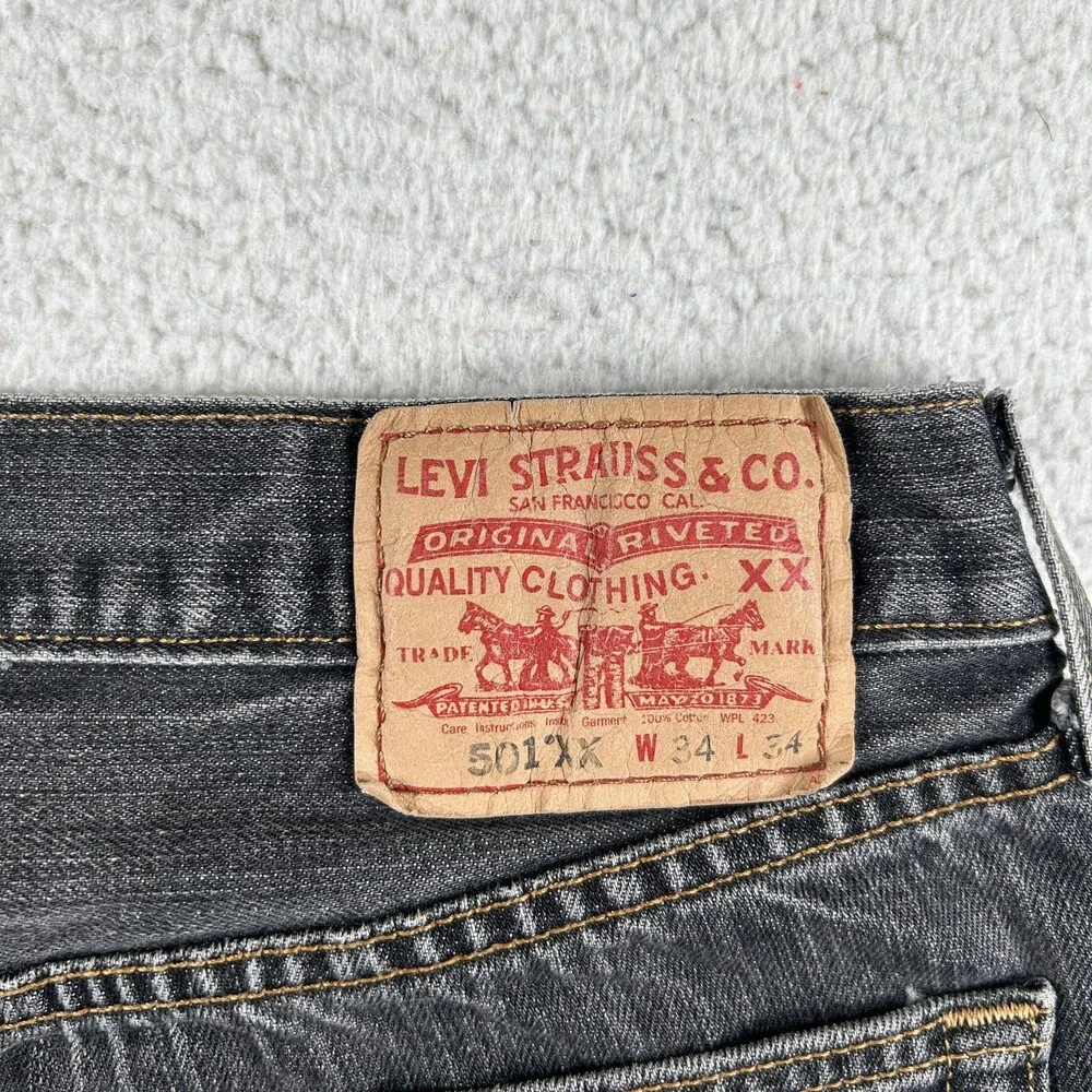 Levis 501XX Jeans Mens 31x30 Charcoal Gray Denim Straight Button Fly Irregular